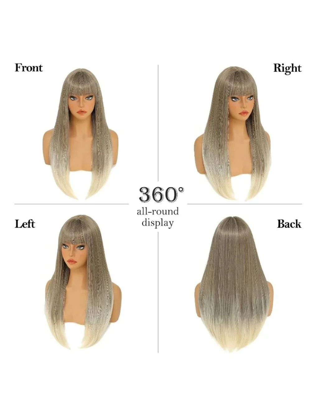 Women's Ashy Blonde 24 Inch Heat Resistant Synthetic Long Straight Bangs Wig